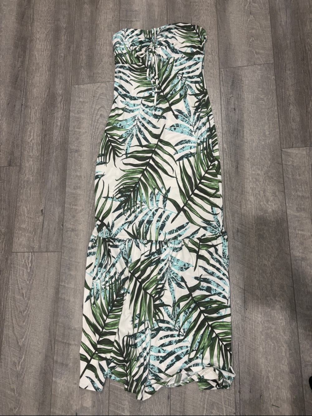 Haute Monde White Maxi Dress with Green Palm Print